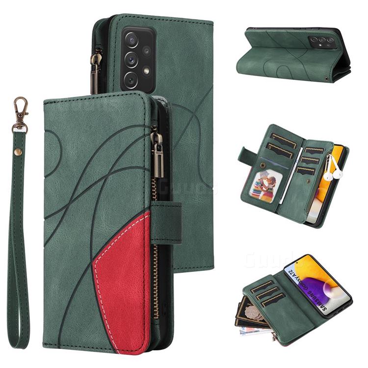 Luxury Two-color Stitching Multi-function Zipper Leather Wallet Case Cover for Samsung Galaxy A72 (4G, 5G) - Green
