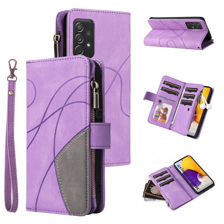 Luxury Two-color Stitching Multi-function Zipper Leather Wallet Case Cover for Samsung Galaxy A72 (4G, 5G) - Purple