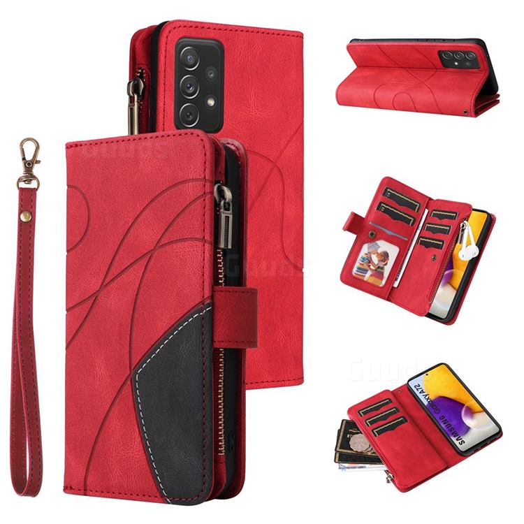 Luxury Two-color Stitching Multi-function Zipper Leather Wallet Case Cover for Samsung Galaxy A72 (4G, 5G) - Red