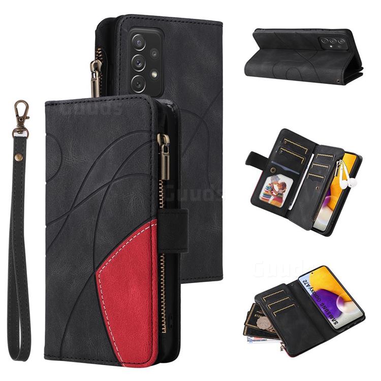 Luxury Two-color Stitching Multi-function Zipper Leather Wallet Case Cover for Samsung Galaxy A72 (4G, 5G) - Black