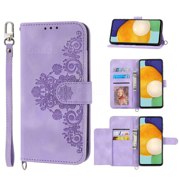 Skin Feel Embossed Lace Flower Multiple Card Slots Leather Wallet Phone Case for Samsung Galaxy A72 (4G, 5G) - Purple