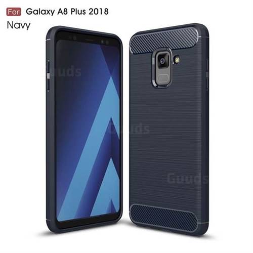 Luxury Carbon Fiber Brushed Wire Drawing Silicone TPU Back Cover for Samsung Galaxy A8+ (2018) - Navy