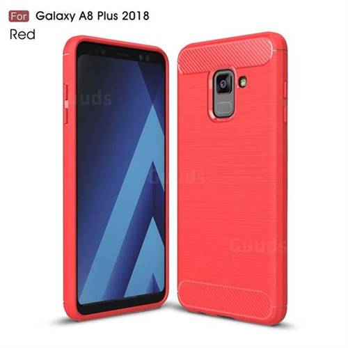 Luxury Carbon Fiber Brushed Wire Drawing Silicone TPU Back Cover for Samsung Galaxy A8+ (2018) - Red