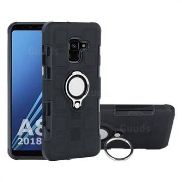 Ice Cube Shockproof PC + Silicon Invisible Ring Holder Phone Case for Samsung Galaxy A8+ (2018) - Black