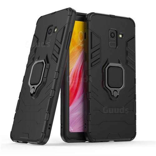 Black Panther Armor Metal Ring Grip Shockproof Dual Layer Rugged Hard Cover for Samsung Galaxy A8+ (2018) - Black
