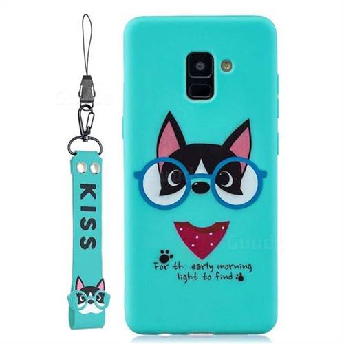 Green Glasses Dog Soft Kiss Candy Hand Strap Silicone Case for Samsung Galaxy A8+ (2018)