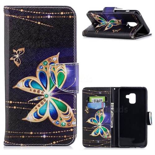 Golden Shining Butterfly Leather Wallet Case for Samsung Galaxy A8+ (2018)