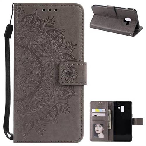 Intricate Embossing Datura Leather Wallet Case for Samsung Galaxy A8+ (2018) - Gray