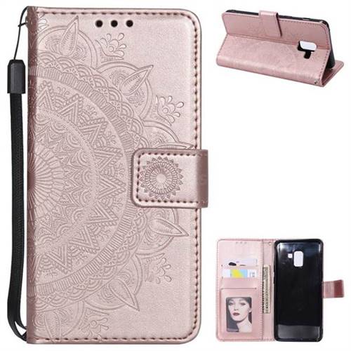 Intricate Embossing Datura Leather Wallet Case for Samsung Galaxy A8+ (2018) - Rose Gold
