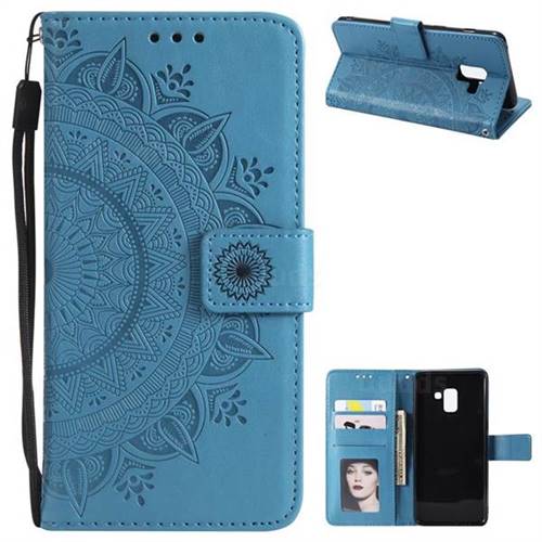 Intricate Embossing Datura Leather Wallet Case for Samsung Galaxy A8+ (2018) - Blue