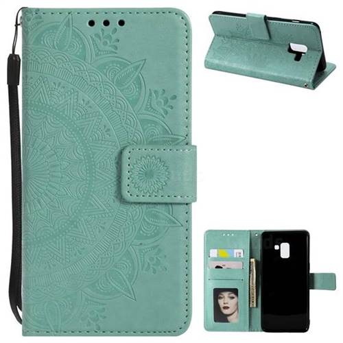 Intricate Embossing Datura Leather Wallet Case for Samsung Galaxy A8+ (2018) - Mint Green