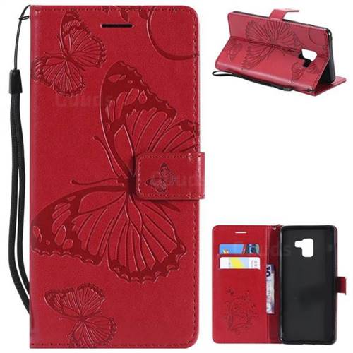 Embossing 3D Butterfly Leather Wallet Case for Samsung Galaxy A8+ (2018) - Red