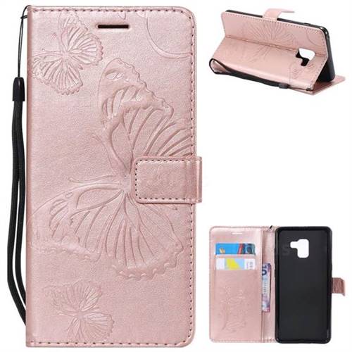 Embossing 3D Butterfly Leather Wallet Case for Samsung Galaxy A8+ (2018) - Rose Gold