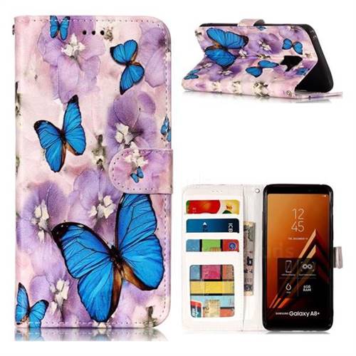 Purple Flowers Butterfly 3D Relief Oil PU Leather Wallet Case for Samsung Galaxy A8+ (2018)