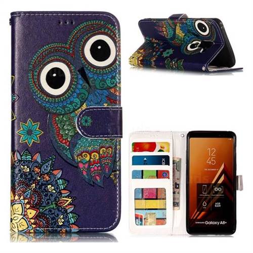 Folk Owl 3D Relief Oil PU Leather Wallet Case for Samsung Galaxy A8+ (2018)