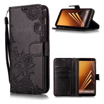 Intricate Embossing Lotus Mandala Flower Leather Wallet Case for Samsung Galaxy A8+ (2018) - Black
