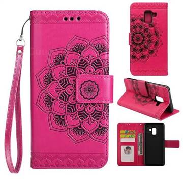 Embossing Half Mandala Flower Leather Wallet Case for Samsung Galaxy A8+ (2018) - Rose Red