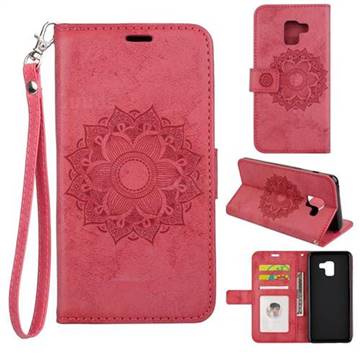 Embossing Retro Matte Mandala Flower Leather Wallet Case for Samsung Galaxy A8+ (2018) - Red