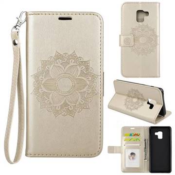 Embossing Retro Matte Mandala Flower Leather Wallet Case for Samsung Galaxy A8+ (2018) - Golden
