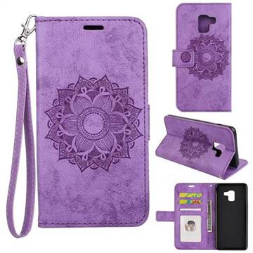 Embossing Retro Matte Mandala Flower Leather Wallet Case for Samsung Galaxy A8+ (2018) - Purple
