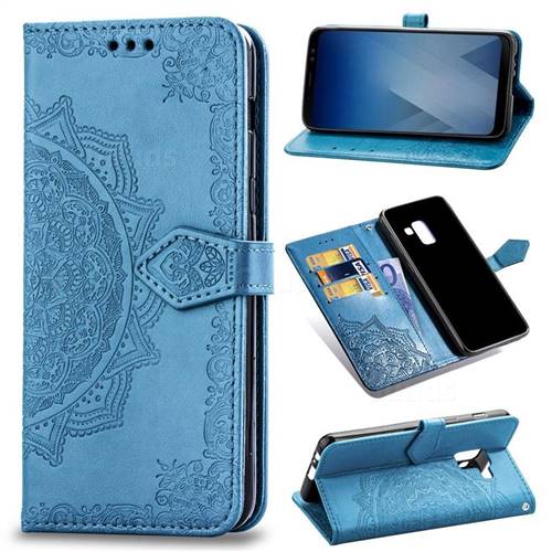 Embossing Imprint Mandala Flower Leather Wallet Case for Samsung Galaxy A8+ (2018) - Blue