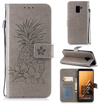 Embossing Flower Pineapple Leather Wallet Case for Samsung Galaxy A8+ (2018) - Gray