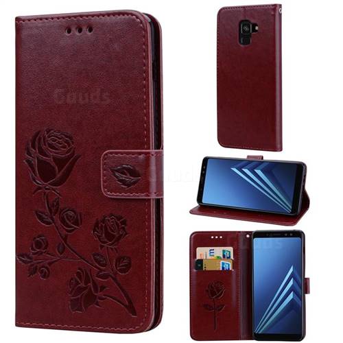 Embossing Rose Flower Leather Wallet Case for Samsung Galaxy A8+ (2018) - Brown
