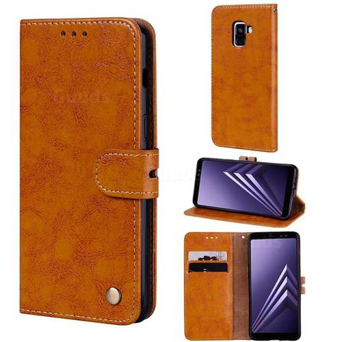 Luxury Retro Oil Wax PU Leather Wallet Phone Case for Samsung Galaxy A8+ (2018) - Orange Yellow
