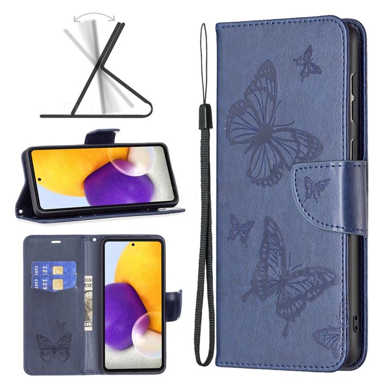 Embossing Double Butterfly Leather Wallet Case for Samsung Galaxy A73 5G - Dark Blue