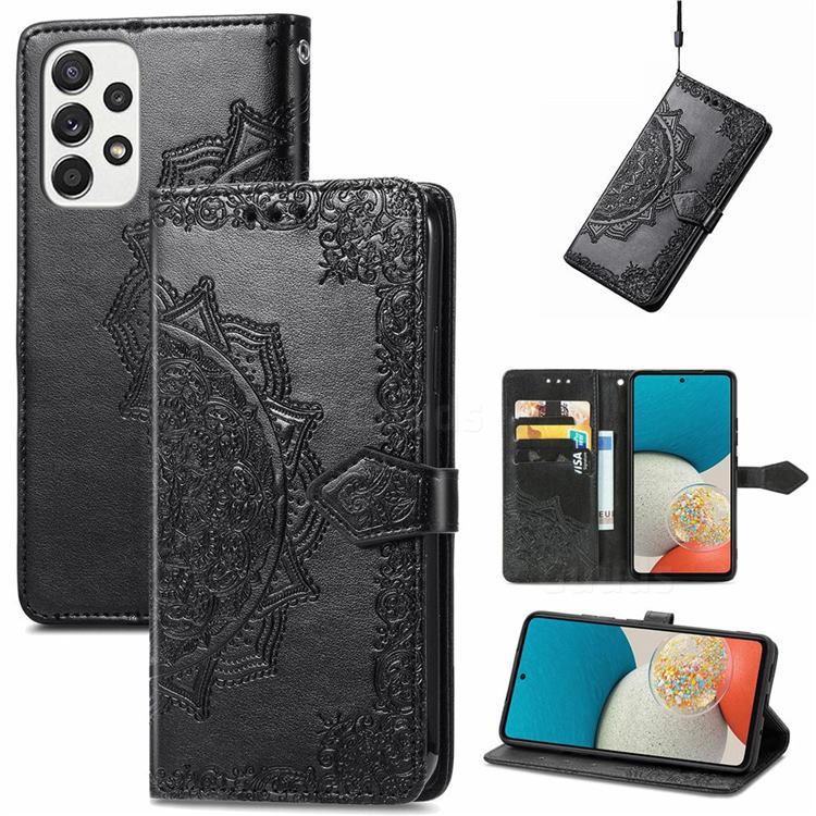 Embossing Imprint Mandala Flower Leather Wallet Case for Samsung Galaxy A73 5G - Black