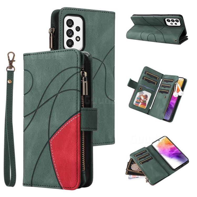 Luxury Two-color Stitching Multi-function Zipper Leather Wallet Case Cover for Samsung Galaxy A73 5G - Green