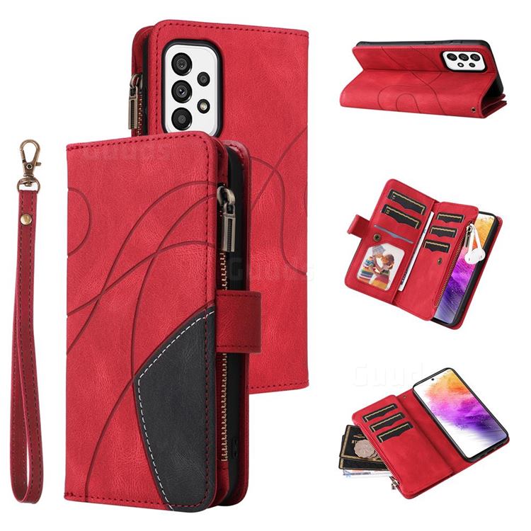 Luxury Two-color Stitching Multi-function Zipper Leather Wallet Case Cover for Samsung Galaxy A73 5G - Red