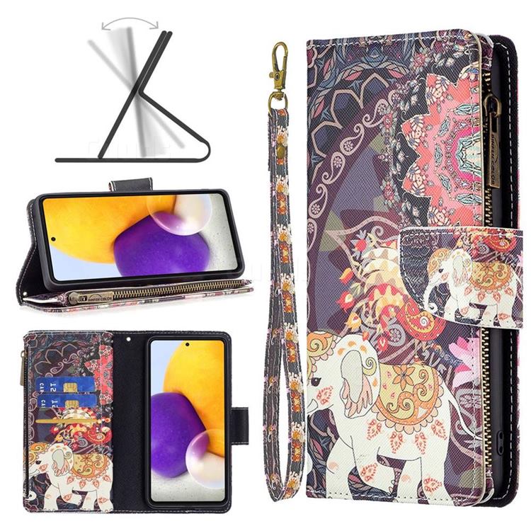 Totem Flower Elephant Binfen Color BF03 Retro Zipper Leather Wallet Phone Case for Samsung Galaxy A73 5G