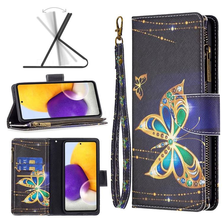 Golden Shining Butterfly Binfen Color BF03 Retro Zipper Leather Wallet Phone Case for Samsung Galaxy A73 5G