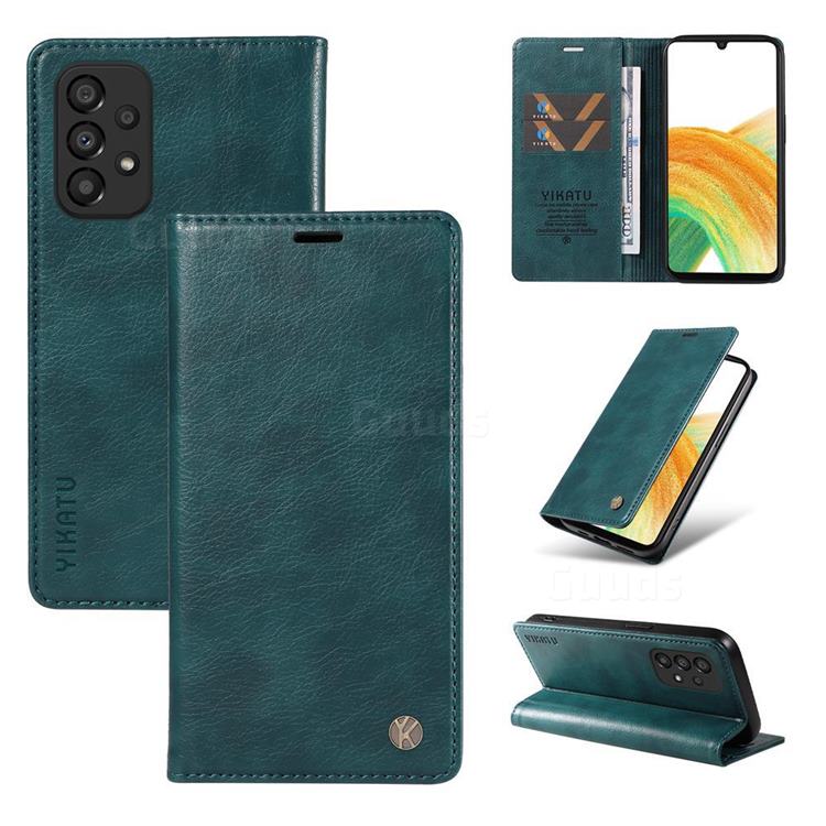 YIKATU Litchi Card Magnetic Automatic Suction Leather Flip Cover for Samsung Galaxy A73 5G - Dark Blue