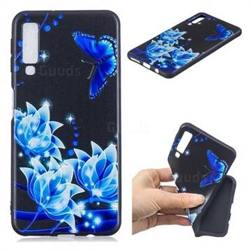 Blue Butterfly 3D Embossed Relief Black TPU Cell Phone Back Cover for Samsung Galaxy A7 (2018)
