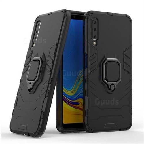 Black Panther Armor Metal Ring Grip Shockproof Dual Layer Rugged Hard Cover for Samsung Galaxy A7 (2018) - Black