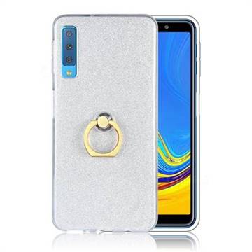 Luxury Soft TPU Glitter Back Ring Cover with 360 Rotate Finger Holder Buckle for Samsung Galaxy A7 (2018) A750 - White