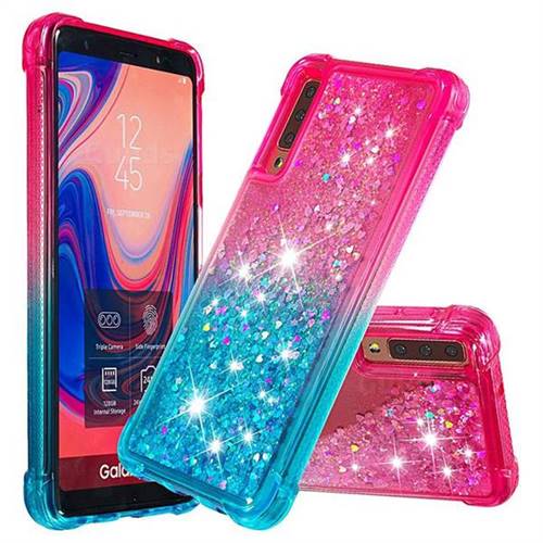 Rainbow Gradient Liquid Glitter Quicksand Sequins Phone Case for Samsung Galaxy A7 (2018) A750 - Pink Blue