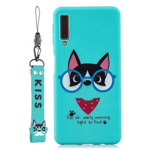 Green Glasses Dog Soft Kiss Candy Hand Strap Silicone Case for Samsung Galaxy A7 (2018) A750