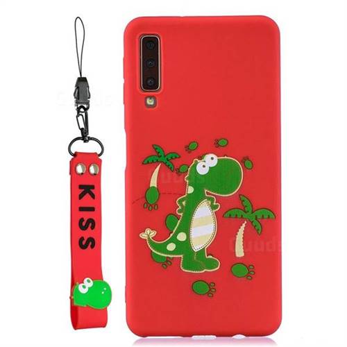 Red Dinosaur Soft Kiss Candy Hand Strap Silicone Case for Samsung Galaxy A7 (2018) A750