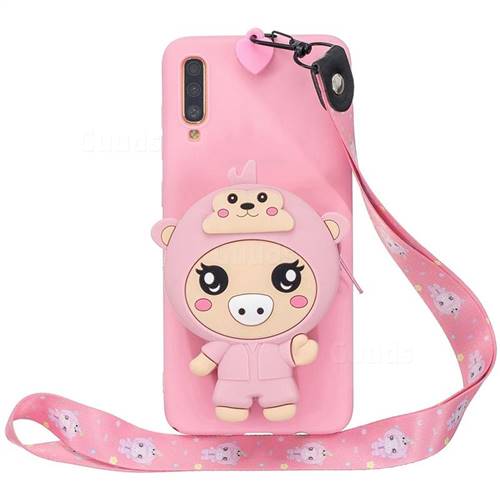 Pink Pig Neck Lanyard Zipper Wallet Silicone Case for Samsung Galaxy A7 (2018) A750