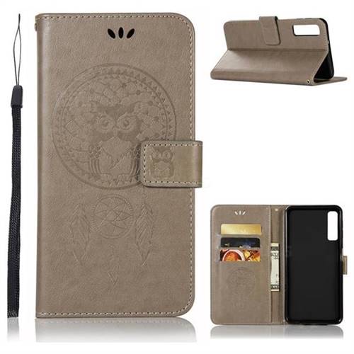 Intricate Embossing Owl Campanula Leather Wallet Case for Samsung Galaxy A7 (2018) - Grey