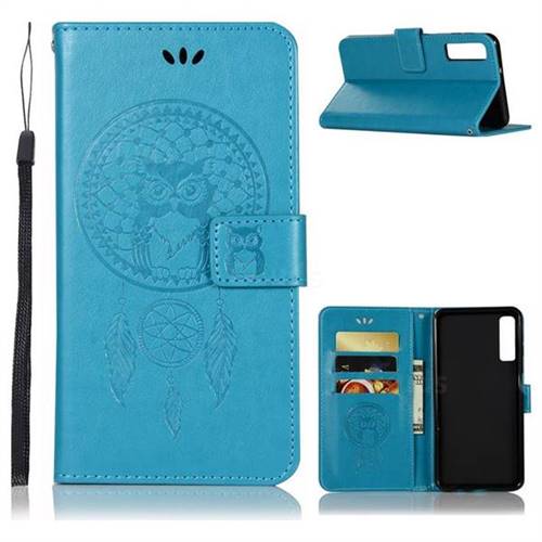 Intricate Embossing Owl Campanula Leather Wallet Case for Samsung Galaxy A7 (2018) - Blue