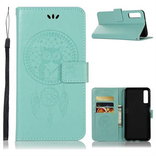 Intricate Embossing Owl Campanula Leather Wallet Case for Samsung Galaxy A7 (2018) - Green