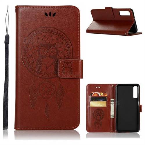 Intricate Embossing Owl Campanula Leather Wallet Case for Samsung Galaxy A7 (2018) - Brown