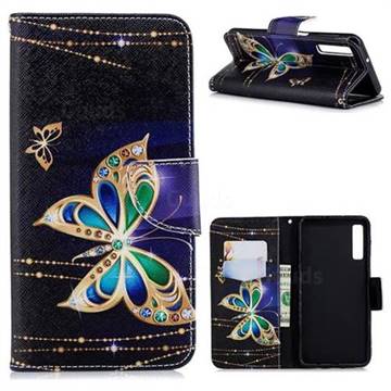 Golden Shining Butterfly Leather Wallet Case for Samsung Galaxy A7 (2018)
