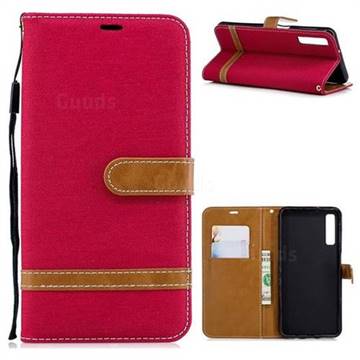 Jeans Cowboy Denim Leather Wallet Case for Samsung Galaxy A7 (2018) - Red
