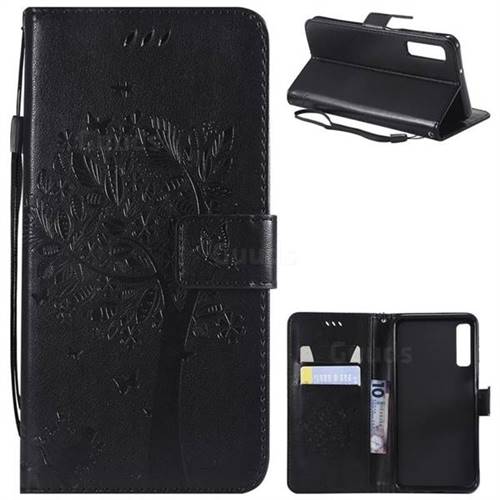 Embossing Butterfly Tree Leather Wallet Case for Samsung Galaxy A7 (2018) - Black