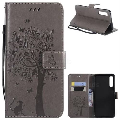 Embossing Butterfly Tree Leather Wallet Case for Samsung Galaxy A7 (2018) - Grey